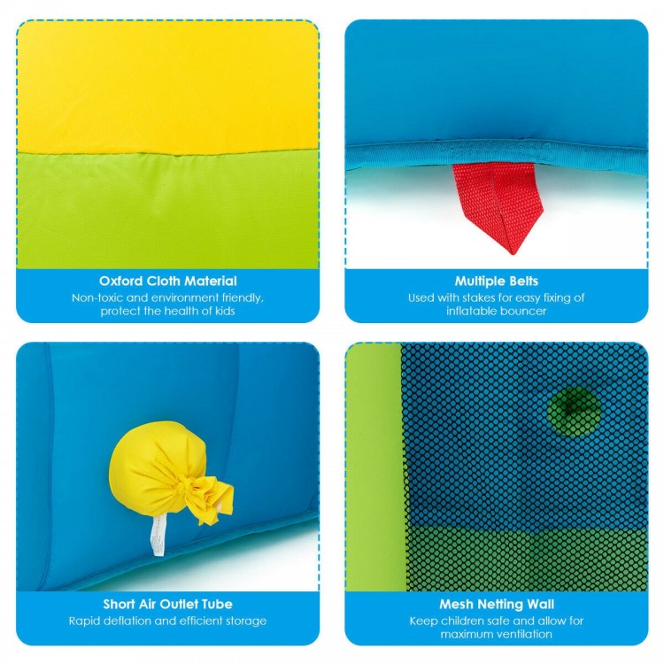 Inflatable bounce house water slide featuring bright colors, mesh walls for safety, and durable oxford cloth material.