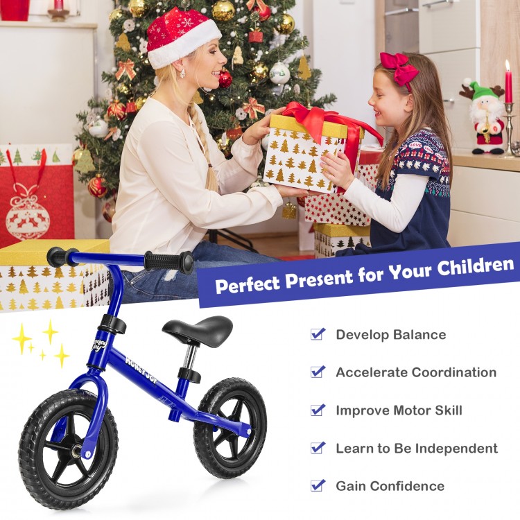 Kids no pedal balance bike in blue with adjustable seat and handlebar, perfect for developing balance and coordination.