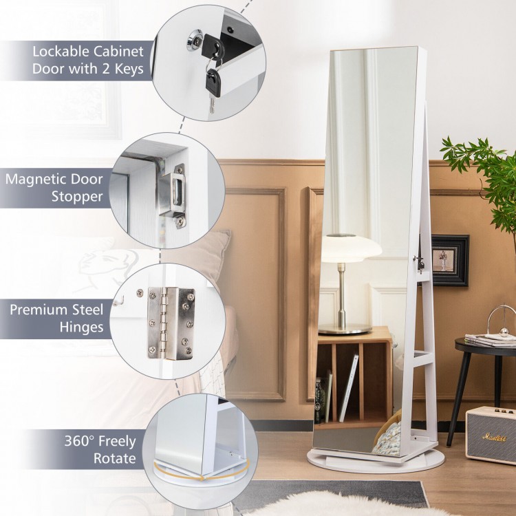 360° rotating mirrored jewelry cabinet in white with lockable door, LED lighting, and ample storage for accessories.
