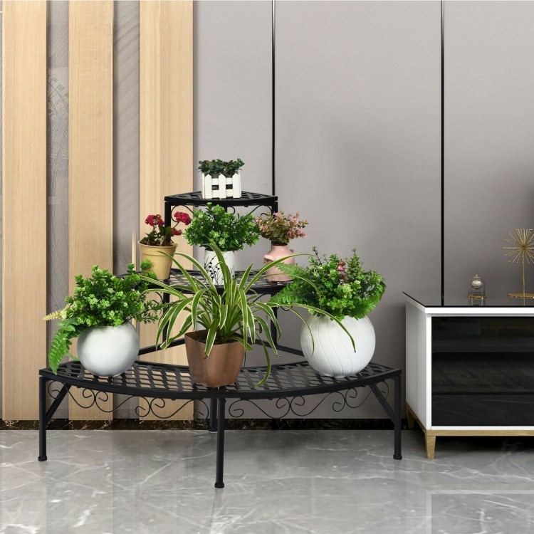 Three-tier metal corner plant display rack with durable frame, spacious partitions, and decorative lace, ideal for.