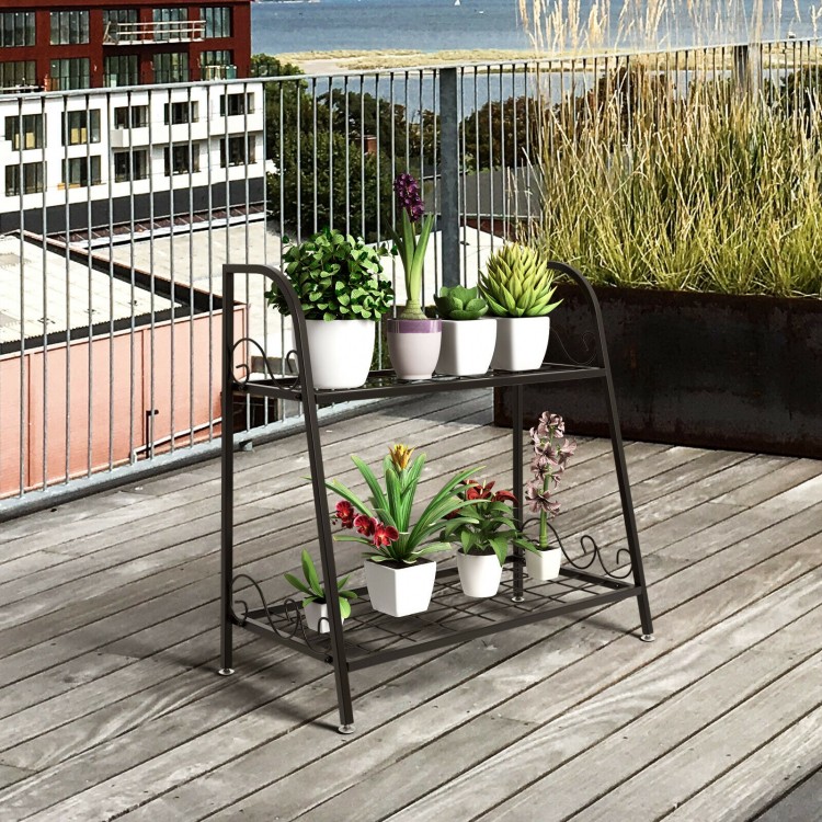2-tier patio metal plant stand with a rust-resistant finish, ideal for displaying plants on balconies or gardens.