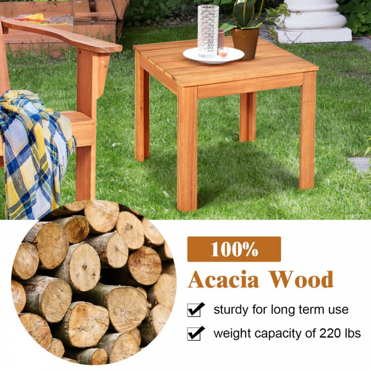 Wooden square patio coffee bistro table made of 100% acacia wood, waterproof finish, ideal for outdoor and indoor use.