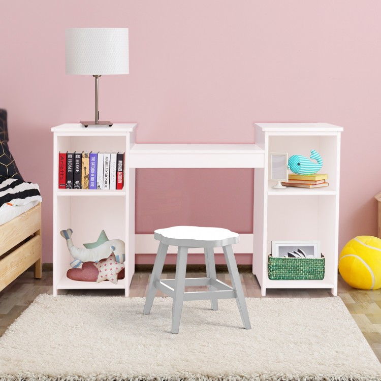 Kids tri-folding mirror makeup vanity table set in white with storage compartments, perfect for children's use.