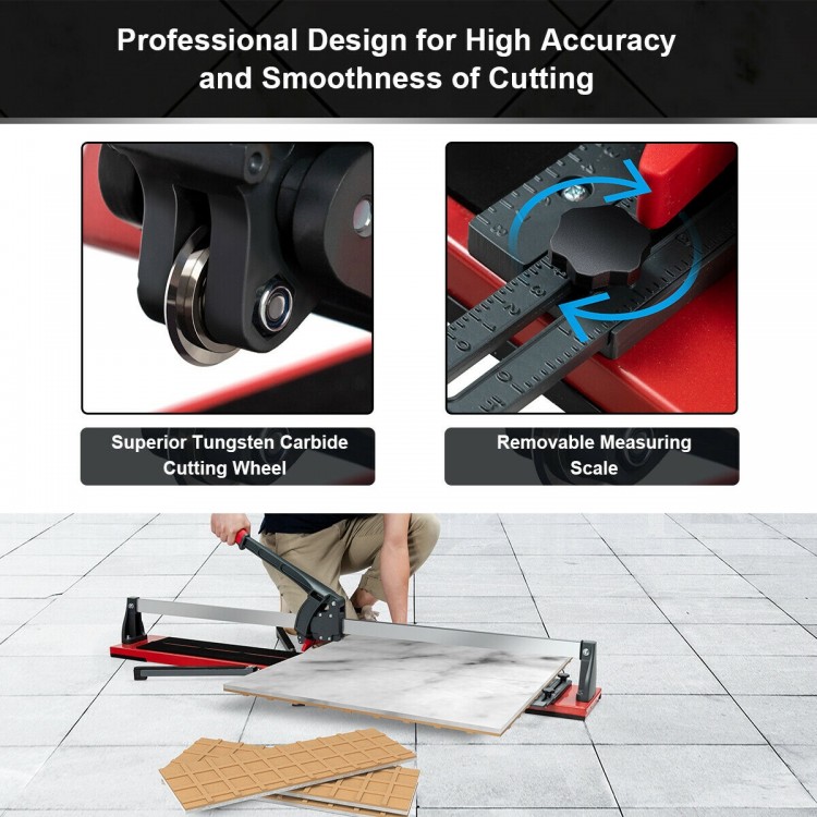 Manual tile cutter with sharp tungsten carbide blade and removable measuring scale for accurate cutting of various.