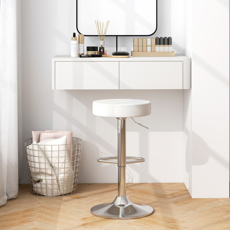 White adjustable round PU leather swivel barstool with chrome footrest, perfect for kitchen or bar seating.