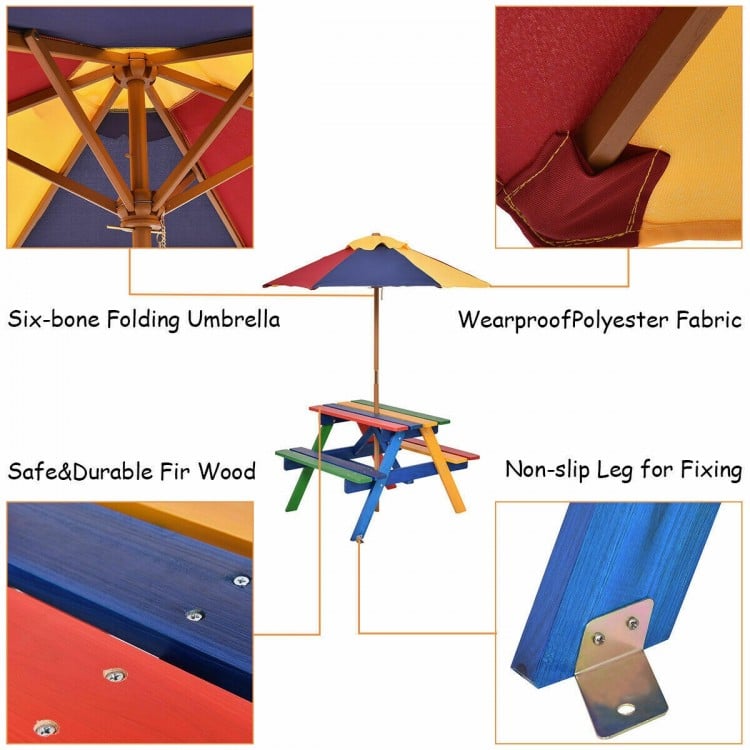 Multicolor 4-seat kids picnic table with umbrella, made of eco-friendly fir wood, perfect for outdoor meals and play.