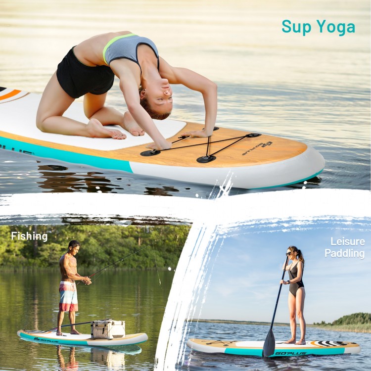 Inflatable 10' stand-up paddle board with a durable design, perfect for fishing, yoga, and leisure paddling on water.