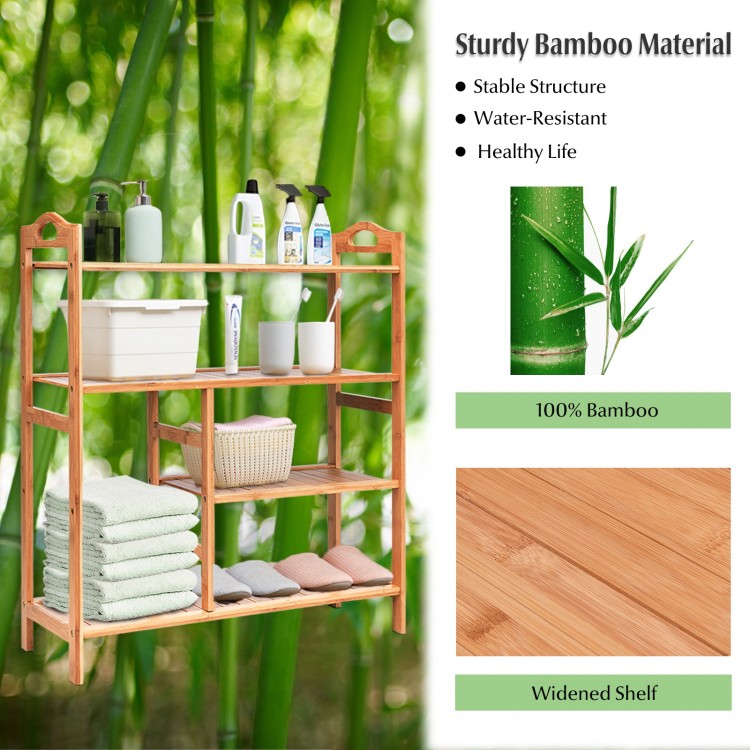 Four-tier bamboo storage shoe rack with slatted design, ideal for entryway or hallway, holds up to 44lbs.