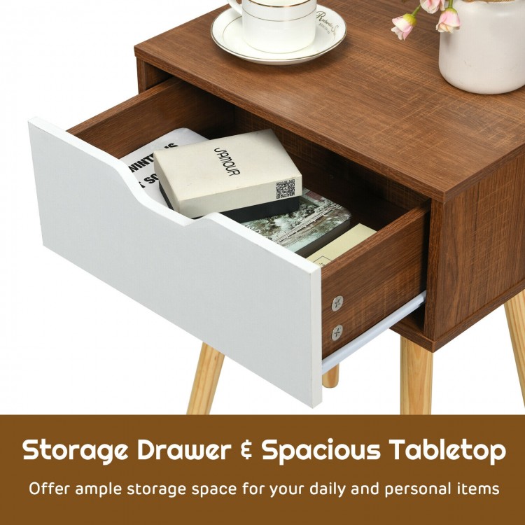 End side nightstand with a storage drawer and solid wooden legs, perfect for bedroom or living room decor.