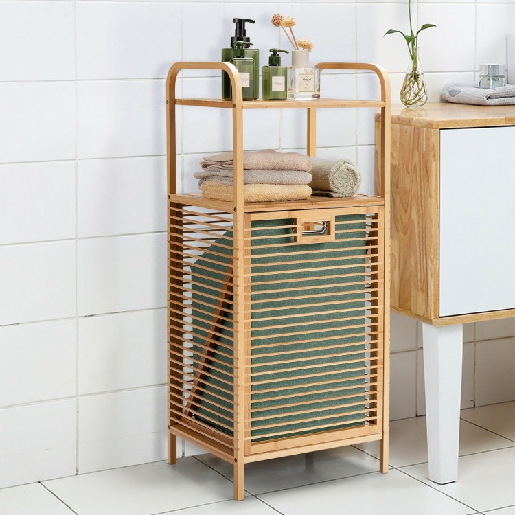 Tilt-out bamboo laundry hamper with removable liner and 2-tier shelf, ideal for bathroom or bedroom storage.
