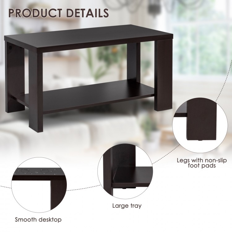 Rectangular coffee table with storage shelf, made of engineered wood, featuring a smooth surface and non-slip foot pads.