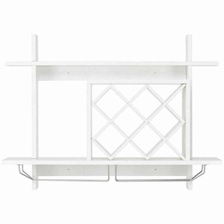 Wall mount wine rack organizer in white, featuring space for six bottles and glass holder, made of MDF and stainless.