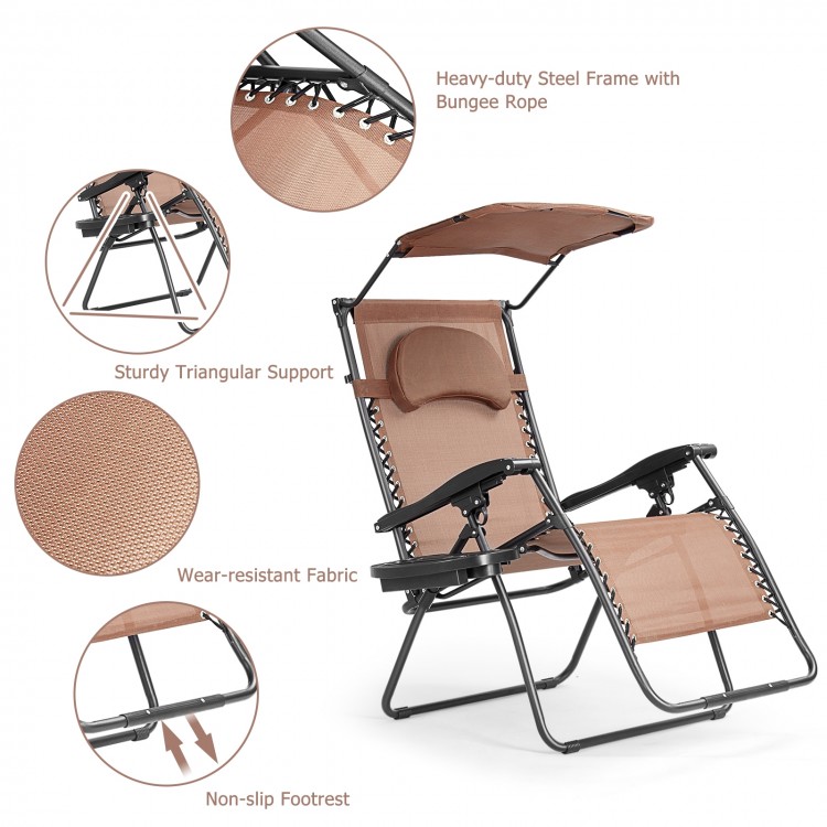 Folding recliner lounge chair with adjustable sun shade canopy, cup holder, and sturdy steel frame for outdoor.