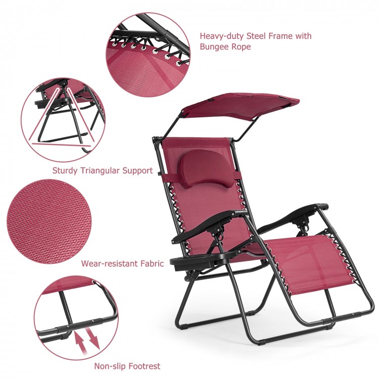 Folding recliner lounge chair in wine color with adjustable sun shade canopy and cup holder for outdoor relaxation.