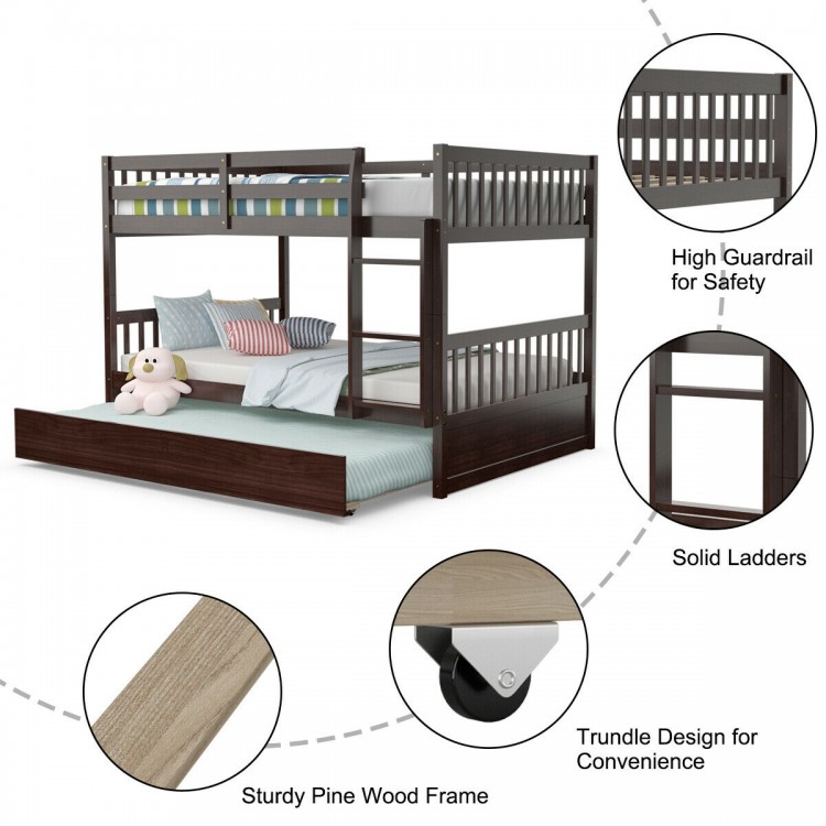 Full over full bunk bed in brown with sturdy pine wood frame, high guardrails, and trundle for space-saving convenience.