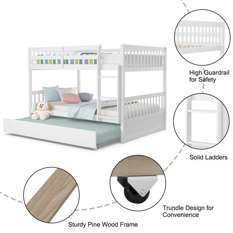 Full over full bunk bed with sturdy pine wood frame, high guardrails, and trundle design for compact spaces.