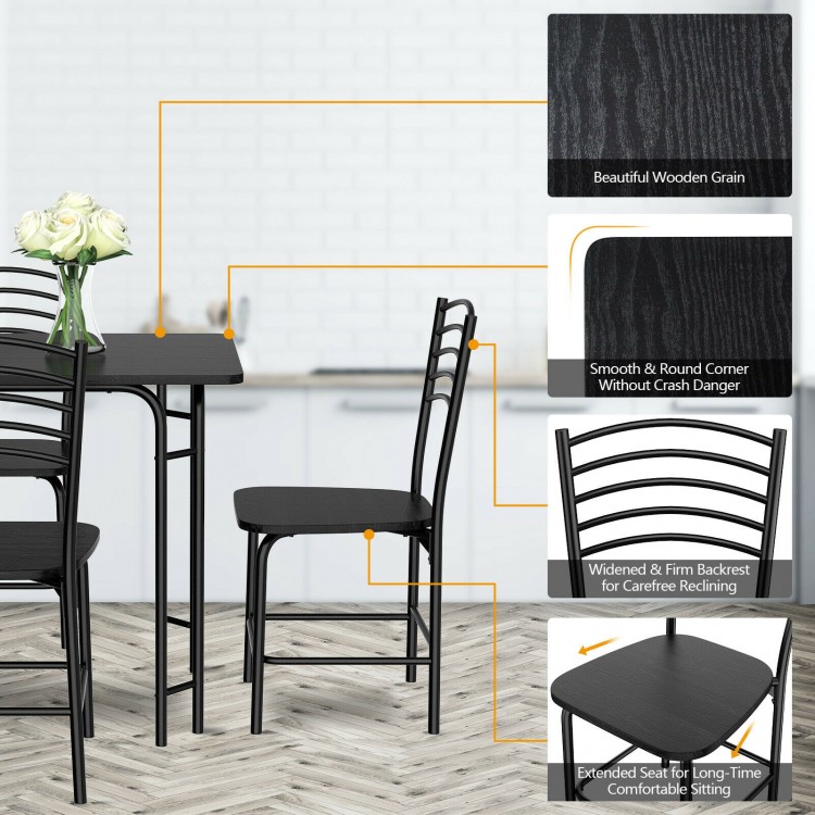 5-piece wood dining table set featuring a sturdy iron frame, round corners for safety, and comfortable backrests.