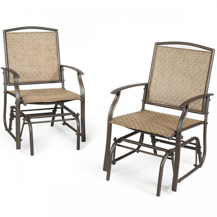 Two patio swing glider chairs with breathable fabric seats and sturdy iron frames, perfect for outdoor relaxation.