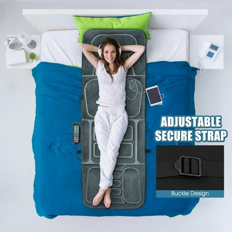 Foldable massage mat with heat and 10 vibration motors, featuring adjustable secure strap for versatile use on bed or.
