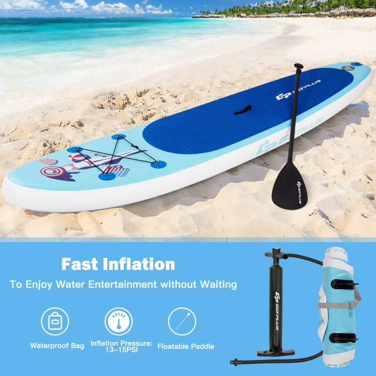 10-foot inflatable stand up paddle board with non-slip EVA deck, adjustable paddle, and durable PVC material for water.