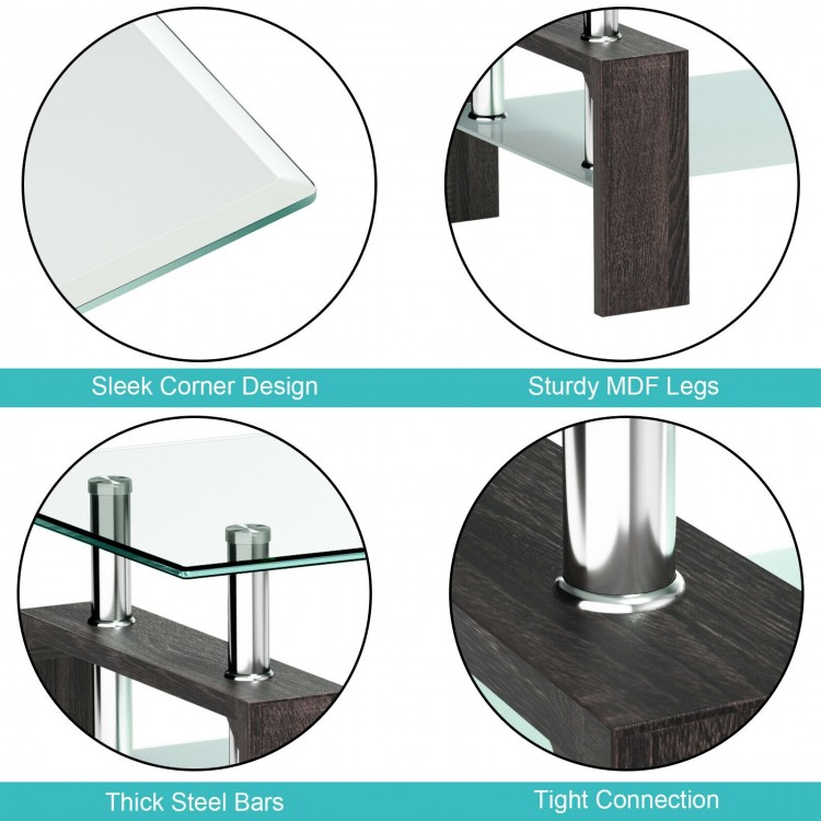 Close-up of the rectangular tempered glass coffee table with black MDF legs and a bottom shelf for added storage.