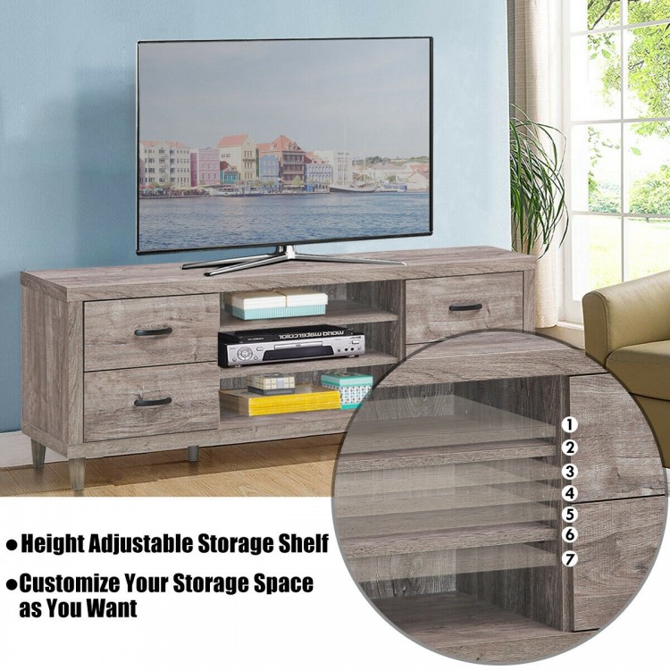 Retro wooden TV stand featuring 3 open shelves, 4 drawers, and height-adjustable storage for versatile organization.