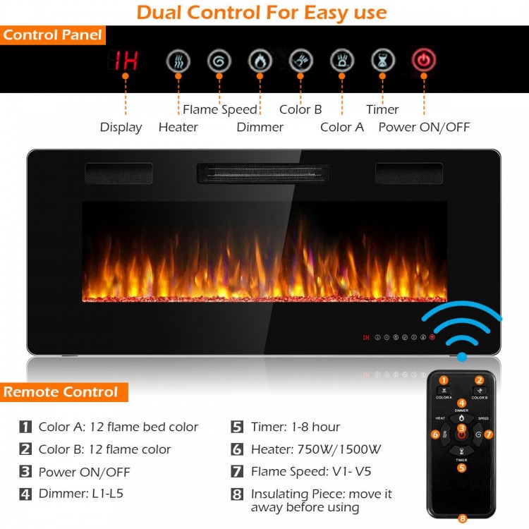 42-inch recessed electric fireplace with 12 flame colors, remote control, and timer for easy wall-mounted installation.