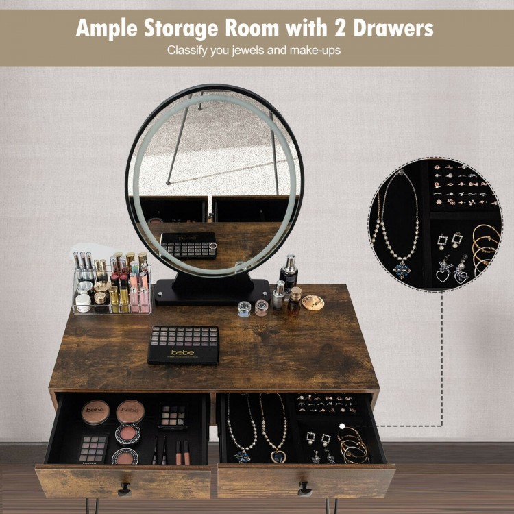 Industrial makeup dressing table in rustic brown with touch screen mirror, two drawers, and comfortable stool for.
