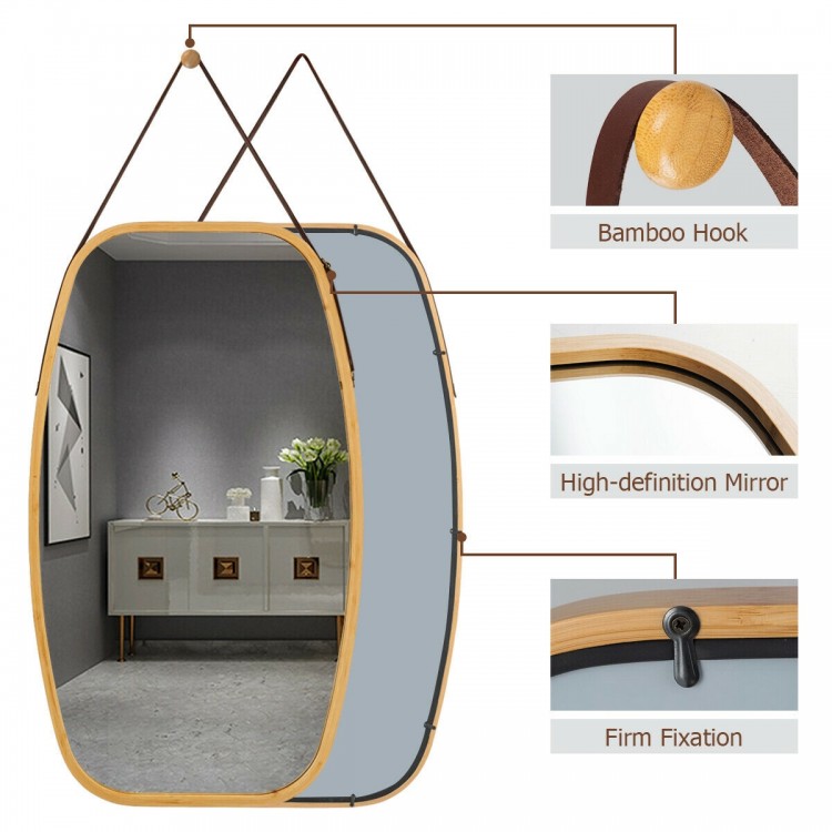 30-inch modern rectangle wall-mounted mirror with bamboo frame and adjustable leather strap for versatile hanging.