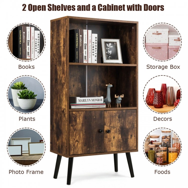 2-tier retro bookcase with 2 open shelves and a cabinet, featuring a rustic design for living room or office storage.
