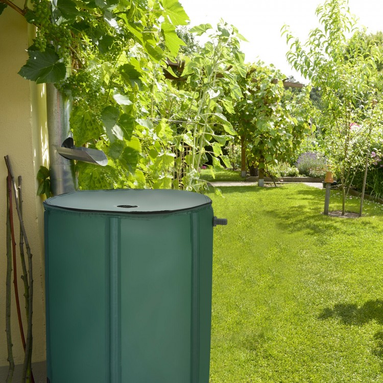 Portable collapsible rain barrel in green, 53-gallon capacity, made of durable PVC, ideal for garden water collection.