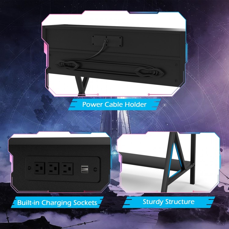 Gaming desk features built-in charging sockets, power cable holder, and sturdy structure for enhanced stability and.
