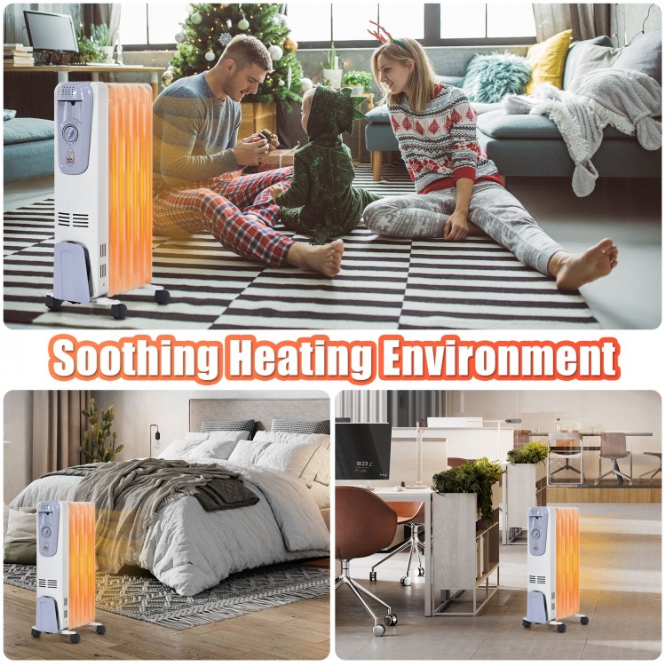 1500W oil-filled radiator with adjustable thermostat, 4 wheels for easy movement, ideal for living room or bedroom.