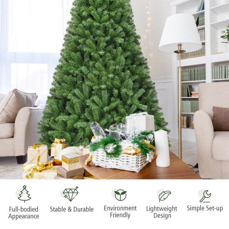 Premium 9 ft artificial Christmas tree with full-bodied appearance, eco-friendly PVC, and sturdy metal stand for indoor.