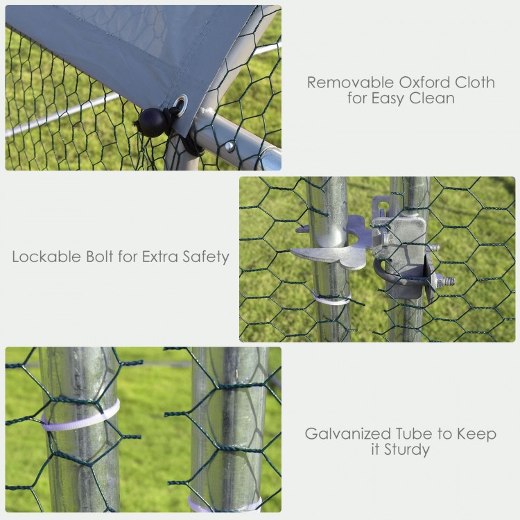 Close-up of the lockable bolt and galvanized tube on the 9.5 x 6.5 feet chicken run cage for added safety and.