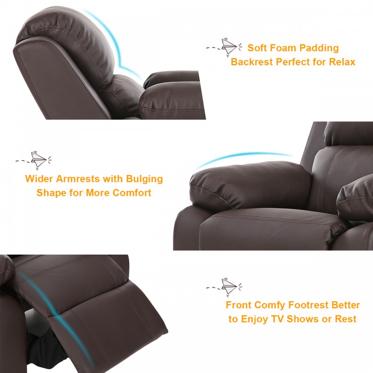 Close-up of the brown PU leather kids sofa armchair with soft foam padding and storage armrests for comfort and.