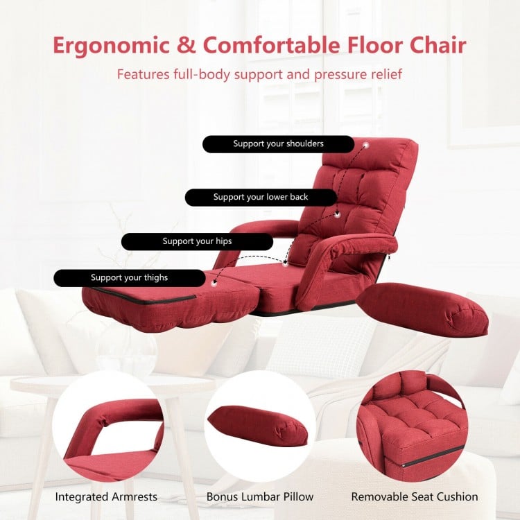 Red folding lazy floor chair with armrests, adjustable back support, and removable pillow for comfortable lounging.