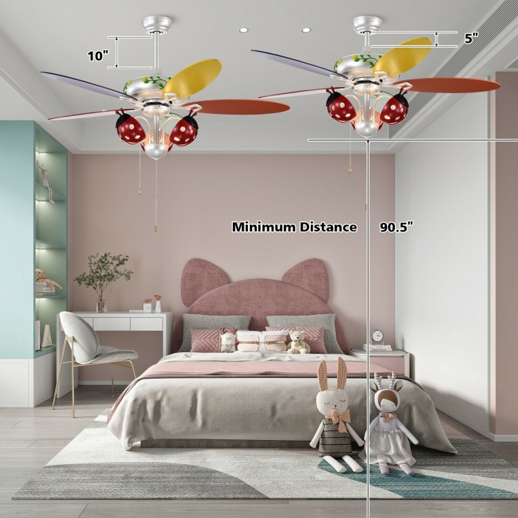 Colorful 52-inch kids ceiling fan with beetle lampshade, pull chain control, and reversible motor for year-round use.
