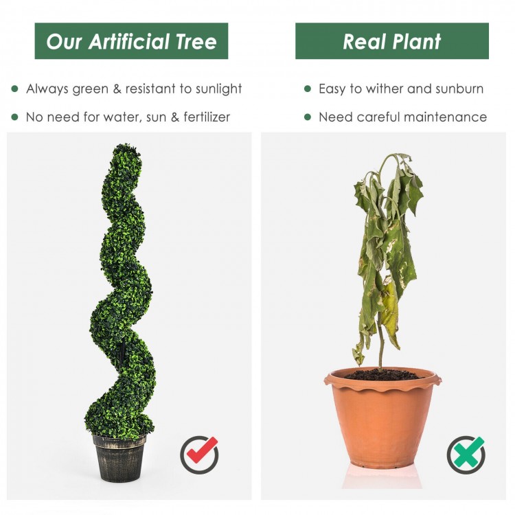 Artificial spiral boxwood topiary in a golden pot, UV and water resistant, perfect for indoor and outdoor decor.