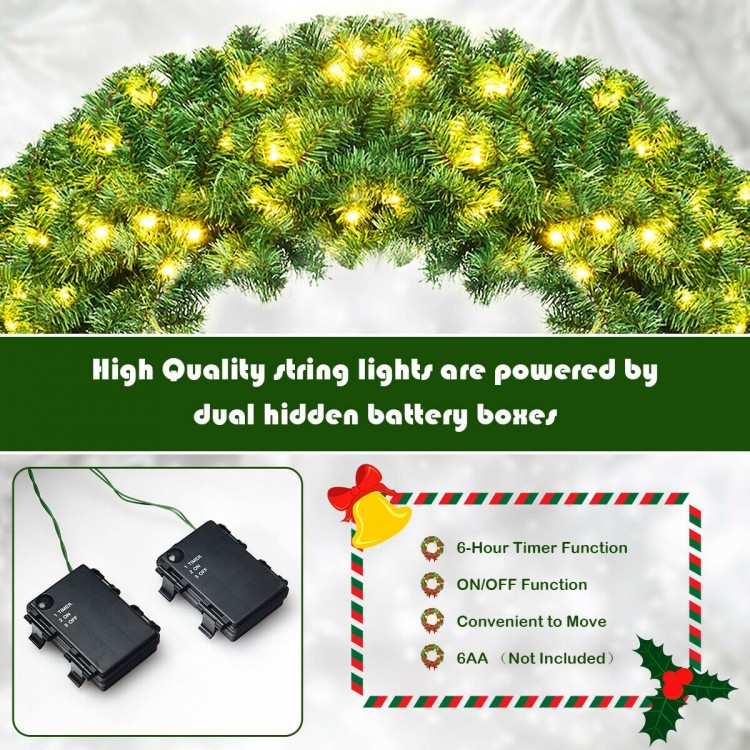 Close-up of the 48-inch pre-lit cordless artificial Christmas wreath showcasing 714 lush branch tips and warm LED.