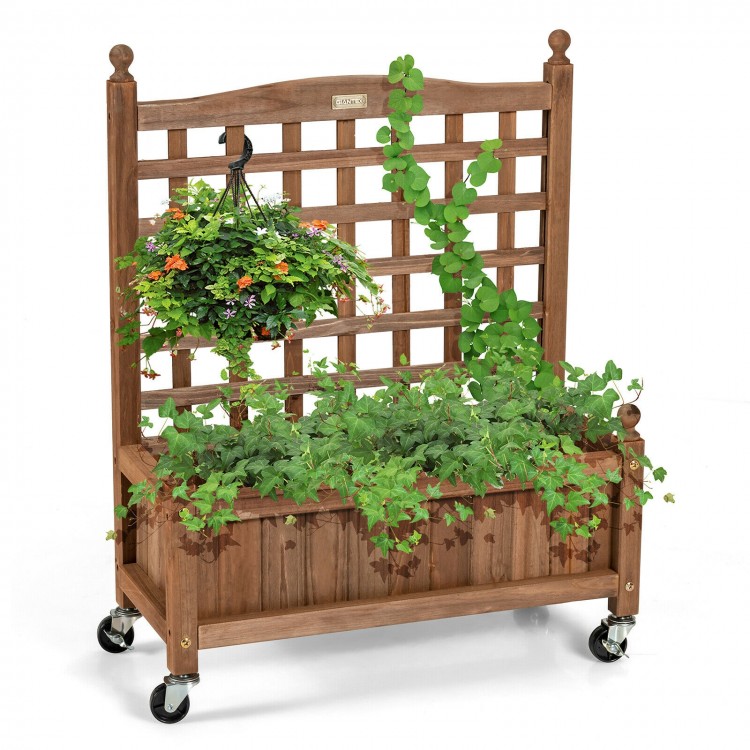 Wood planter box with trellis for climbing plants, made of fir wood, featuring a 6.5'' deep planting bed and wheels for.