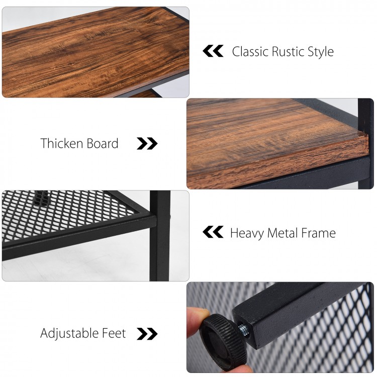 4-tier kitchen rack stand with thick wooden boards, mesh panel, and adjustable feet for stable storage in any room.