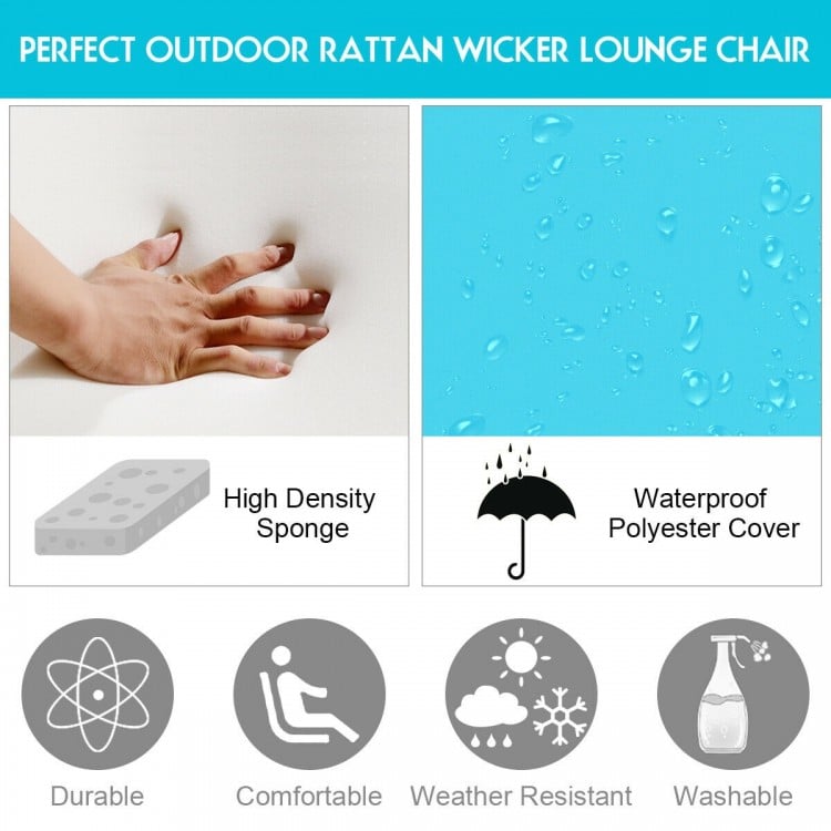Cushioned blue rattan lounge chair with adjustable backrest, ideal for patio and poolside relaxation.