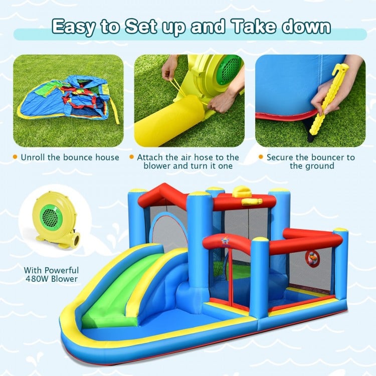 Inflatable kids water slide bounce castle with 480W blower, featuring bright colors and safety mesh walls for outdoor.