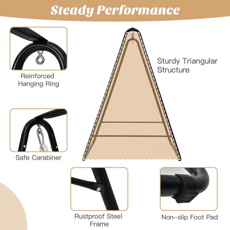Hammock chair stand detail showcasing the sturdy triangular structure and rustproof steel frame for outdoor use.