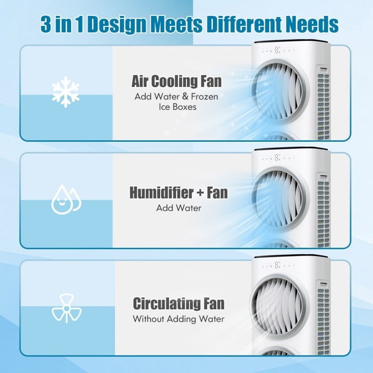 3-in-1 evaporative air cooler in white with remote, featuring air cooling, humidifier, and fan modes for versatile use.