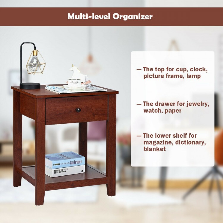 Multi-functional nightstand with drawer and open shelves, crafted from particleboard, perfect for bedroom or living.
