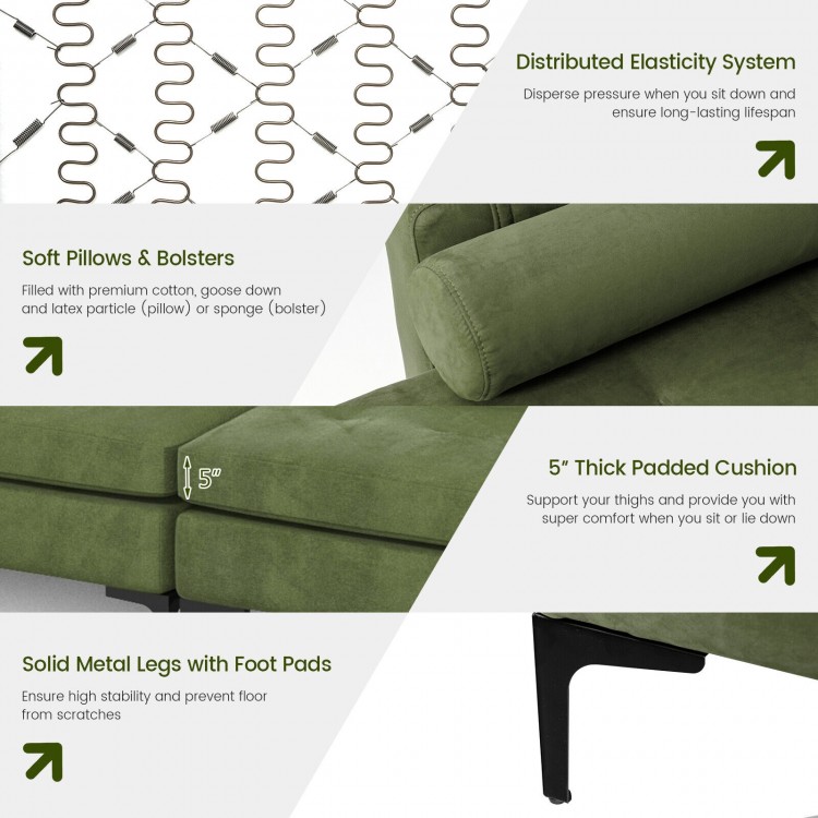 L-shaped sectional sofa in army green suede with soft cushions, USB ports, and solid metal legs for durable comfort.
