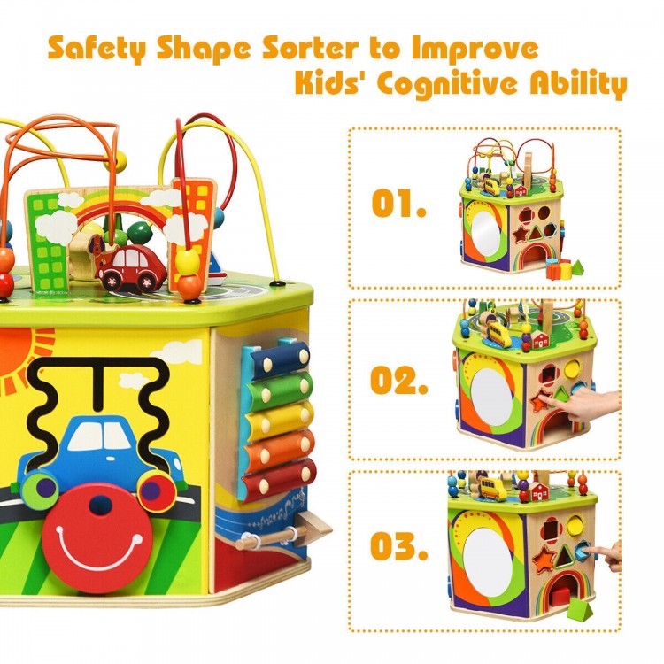 Colorful 7-in-1 wooden activity cube toy featuring car and house patterns, designed for kids' cognitive development and.