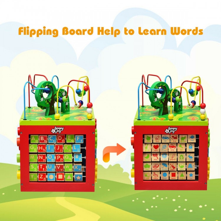 5-in-1 wooden activity cube toy featuring colorful animal patterns and multiple games for early learning and fun.